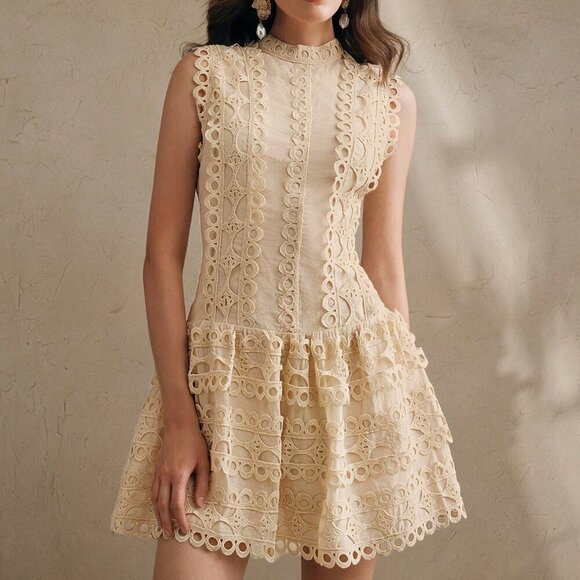 Apricot Elegant Women's French Floral Lace A-Line Collar Sleeveless Crop Dress - Picture 7 of 7